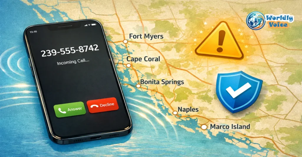 239 Area Code: Complete Guide to Location, Cities, and Scam Protection (2026) Smartphone showing a 239 area code call over a Southwest Florida map with scam protection symbols