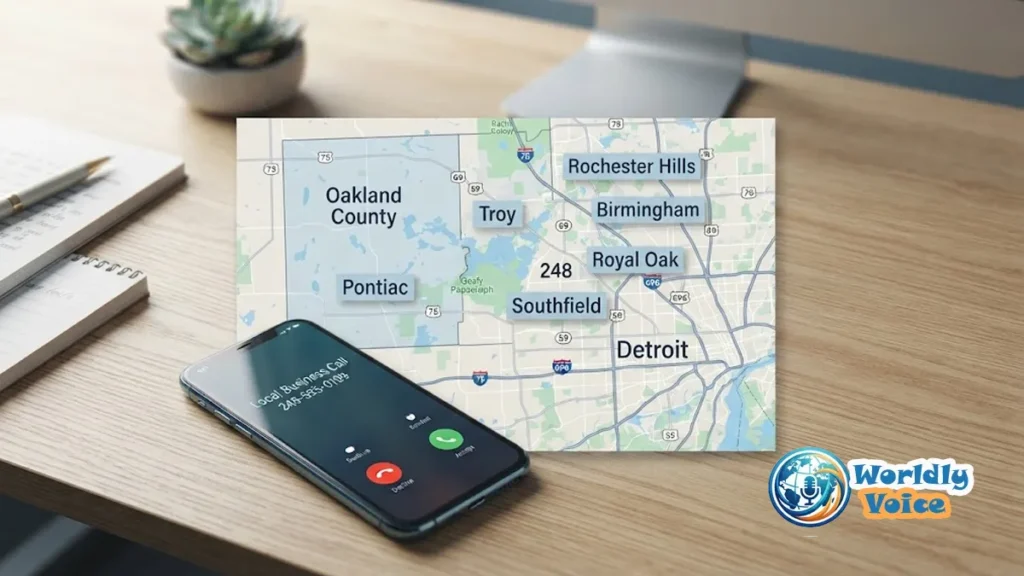 Map-style featured image showing the 248 area code region in southeastern Michigan with a smartphone displaying an incoming local call
