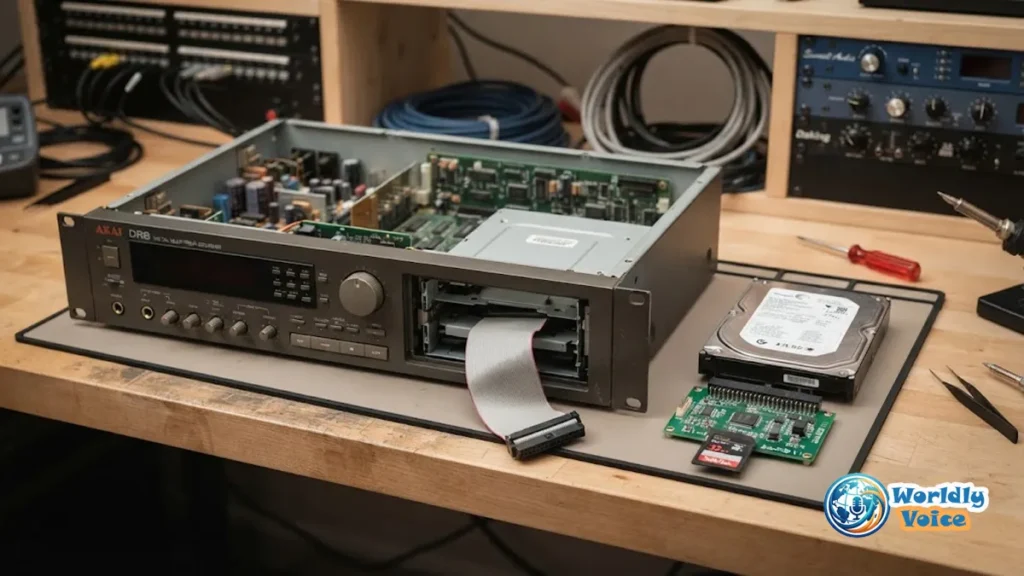 Akai DR8 Storage Upgrade: The Ultimate Guide to Modernizing Your Vintage Recorder Vintage Akai DR8 multitrack recorder opened on a workbench with SCSI storage upgrade parts and SD card
