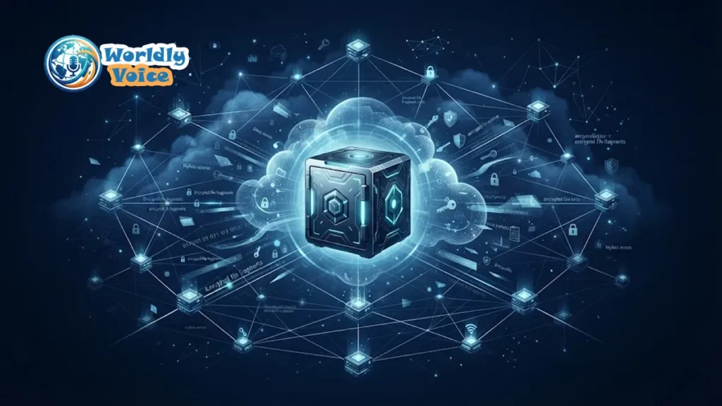 AnonVault Explained: Zero-Knowledge Architecture & Decentralized Storage (2026 Guide) AnonVault-inspired secure digital vault with encrypted data shards across a decentralized cloud storage network