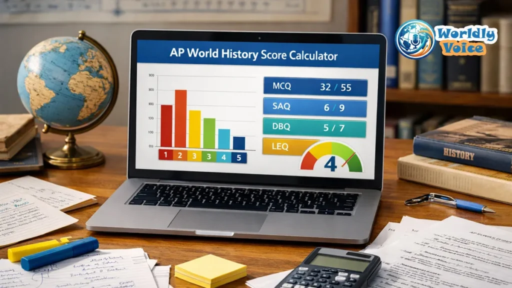 AP World Score Calculator: Estimate Your 2026 Exam Score Student study desk with laptop showing AP World History exam score calculator and practice materials