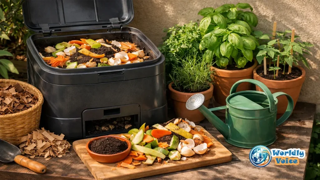 Beginner Composting Tips: How to Start Your Own Home Compost Beginner home compost bin with kitchen scraps, dry leaves, cardboard, and garden plants in a small outdoor space.
