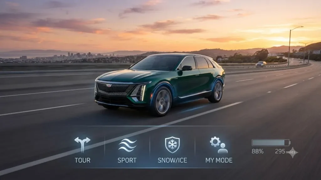Do the driving modes in cadillac lyriq offer different ranges or battery usages? (2026 Guide) Cadillac Lyriq electric SUV on highway with EV driving mode and battery range graphics