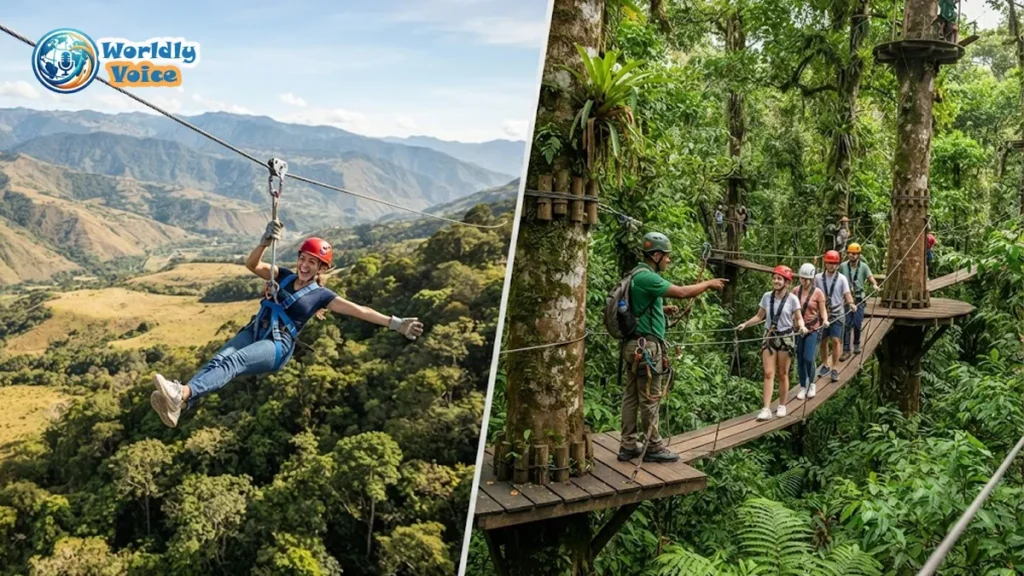 Featured image showing a zipline rider over an open valley beside a guided canopy tour in a tropical forest