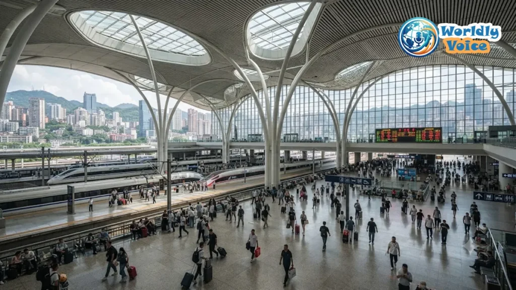 Facilities at Chongqing East Railway Station: The Complete Traveler’s Guide (2026) Modern Chongqing East Railway Station with high-speed trains, passengers, glass architecture, and transport hub facilities.