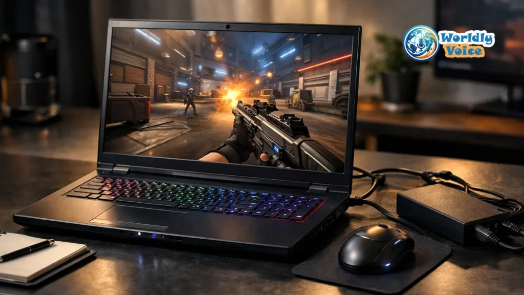 Clevo NH70 Review 2026: Is This Used Budget Laptop Still Worth Buying? Clevo NH70-style 17-inch gaming laptop on a desk with RGB keyboard, mouse, and power adapter