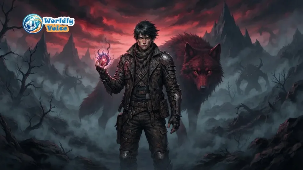 Demonic Beast Hunter Survival Guide: A Deep Dive Review & Character Analysis Woojin holding a glowing demonic beast core beside a giant red wolf beneath the bleeding sky of the Demon Frontier.