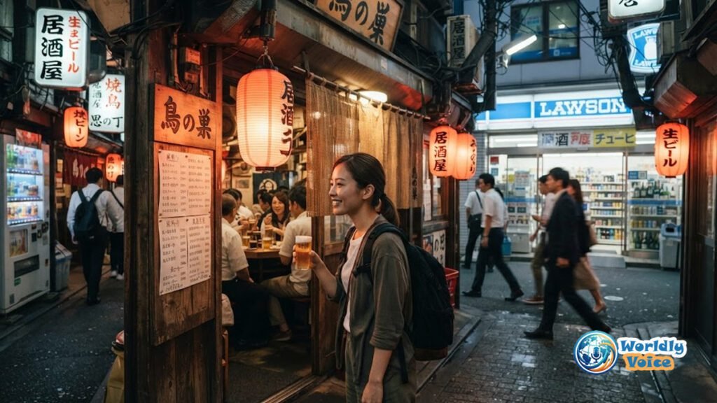 Traveler outside a Tokyo izakaya at night with beer and convenience store in the background, representing drinking laws in Japan for tourists