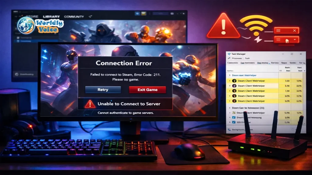 Error Code 211 Marvel Rivals: A Complete Troubleshooting Guide PC gaming setup showing a Steam authentication error and network troubleshooting tools for Marvel Rivals error code 211