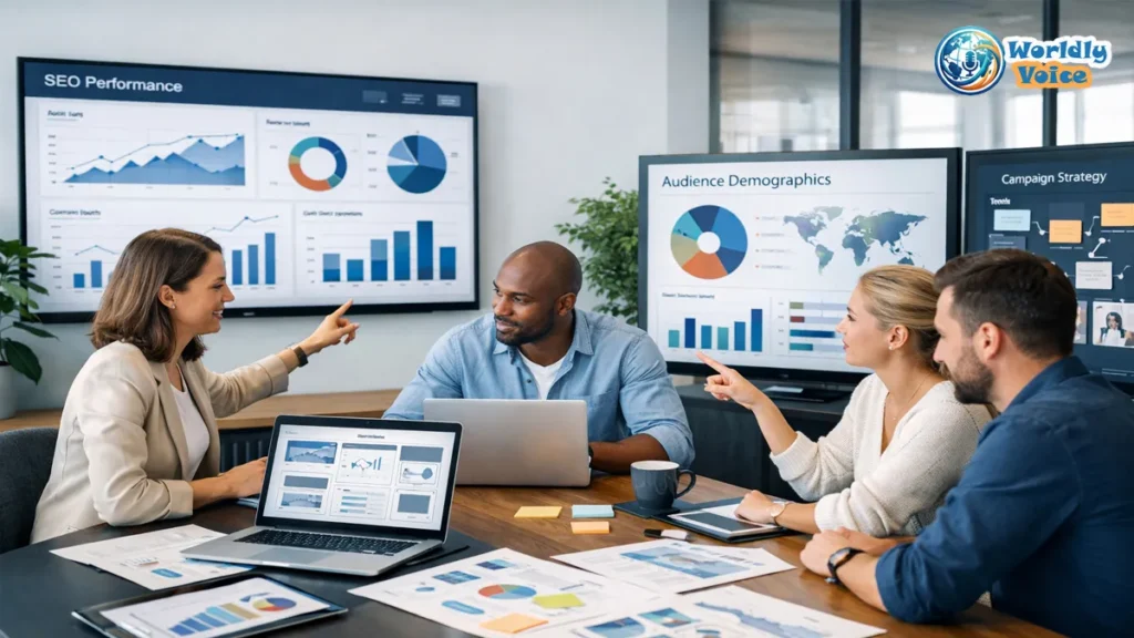 GrowthScribe Marketing Agency: A Guide to Modern Digital Success Marketing team reviewing SEO analytics and digital growth strategy in a modern office