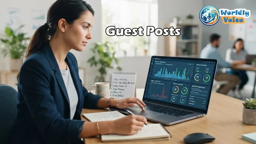 Who wants to bring traffic just in Ahrefs for guest posts? SEO strategist reviewing guest post traffic quality, backlink metrics, and fake SEO traffic signals on a laptop dashboard.