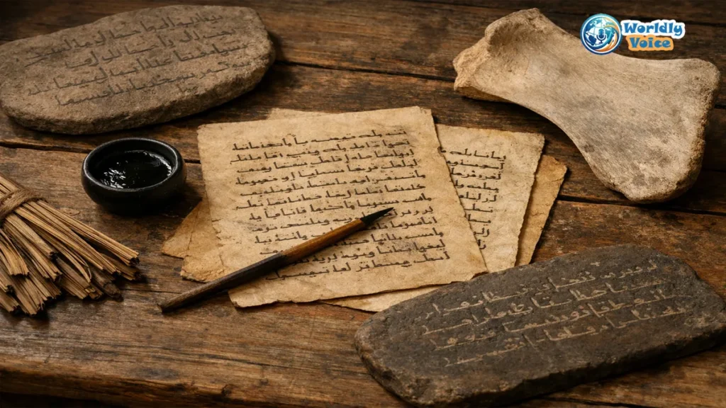 History of the Quran: What Materials Were Used to Record It Before Paper? Early Quranic scribal materials including parchment, reed pen, ink, palm ribs, stone, and camel bone used before paper.