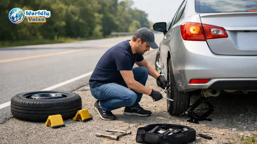 How to Change a Tire: Step-by-Step Guide for Beginners Beginner driver changing a flat tire safely on the roadside with a jack, lug wrench, and spare tire