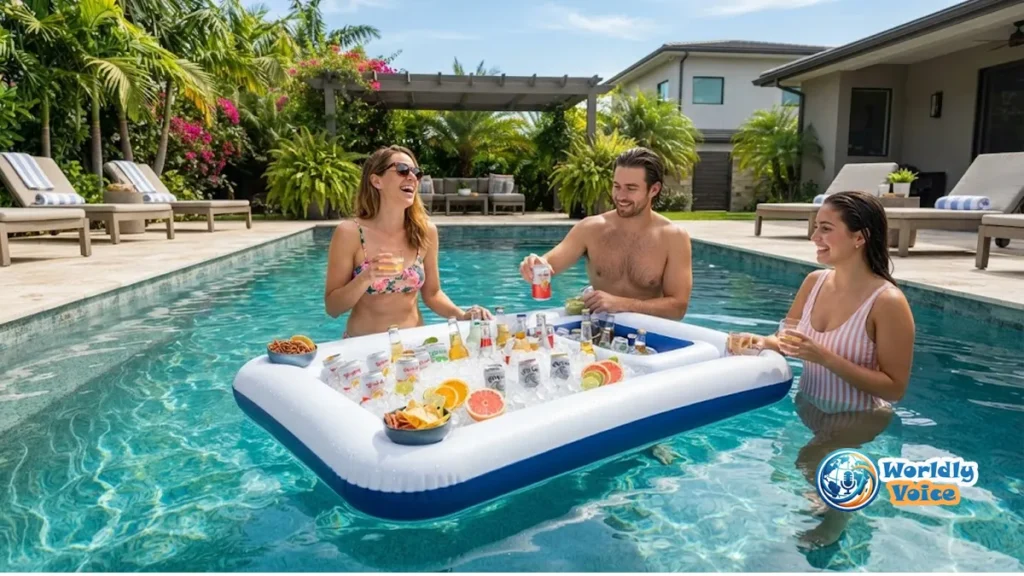 Ultimate Guide to the Best Inflatable Bar for Swimming Pool Parties Inflatable bar floating in a swimming pool with cold drinks and guests enjoying a summer pool party