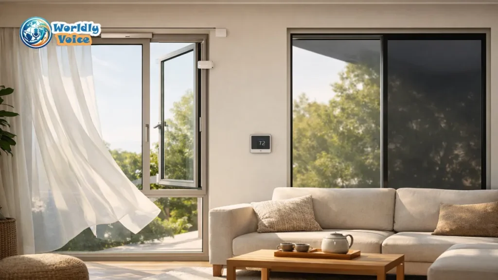 What is an Intelligent Window System? (And How It Saves on AC Bills) Modern smart home with automated windows, smart glass, sensors, and thermostat for energy-efficient cooling.