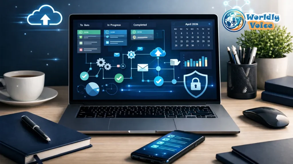 The Latest Online Tool Guide ZardGadjets: Your Essential 2026 Productivity Resource Modern laptop displaying an abstract online productivity dashboard with workflow automation, data charts, cloud tools, and cybersecurity icons.