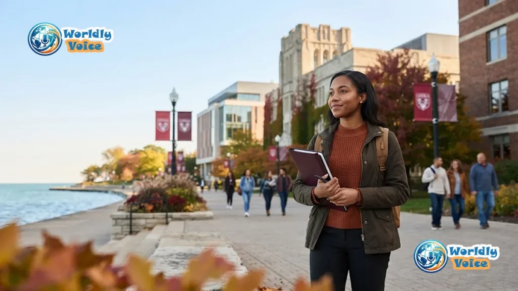 Prospective college student on a Chicago-style campus reviewing admissions materials near academic buildings and the lakefront