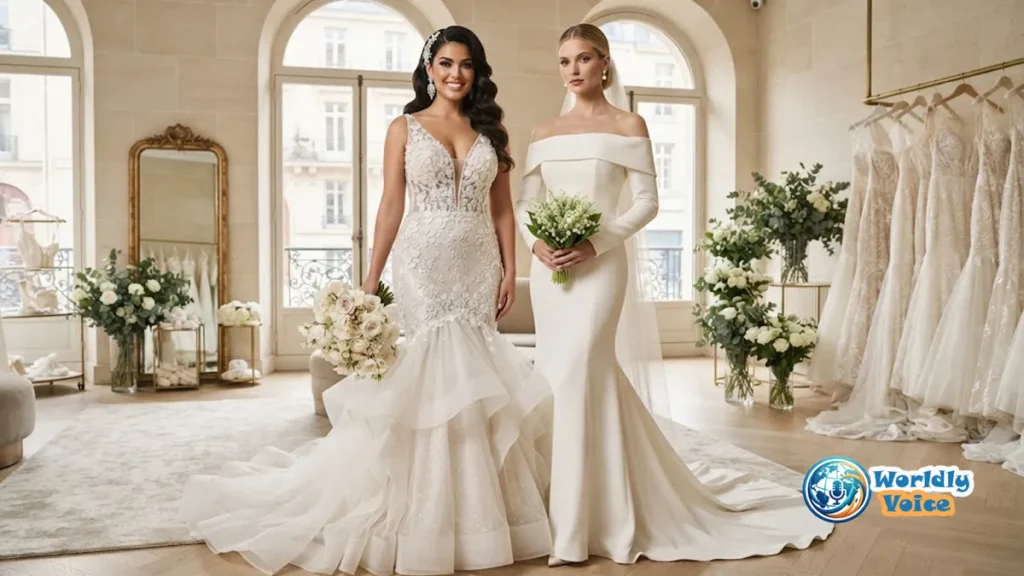 Mermaid Wedding Dress Trends: Comparing Popularity in the USA and Germany Two brides in mermaid wedding dresses showing glamorous USA and minimalist German bridal style differences
