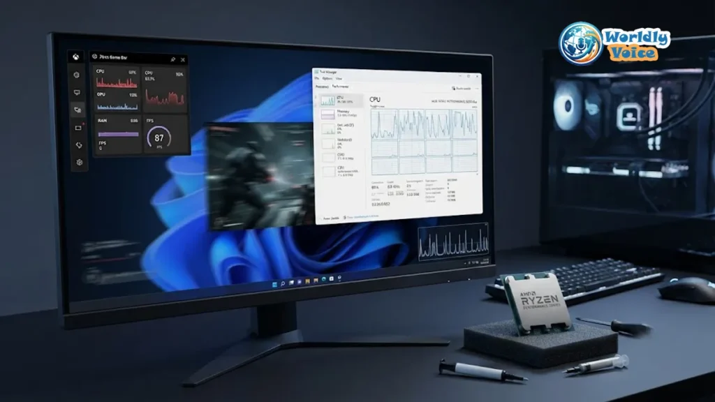How to Fix Microsoft Game Bar Ryzen CPU Issues and Performance Drops Windows 11 gaming PC showing Xbox Game Bar overlay, CPU usage graph, and AMD Ryzen processor performance troubleshooting visuals