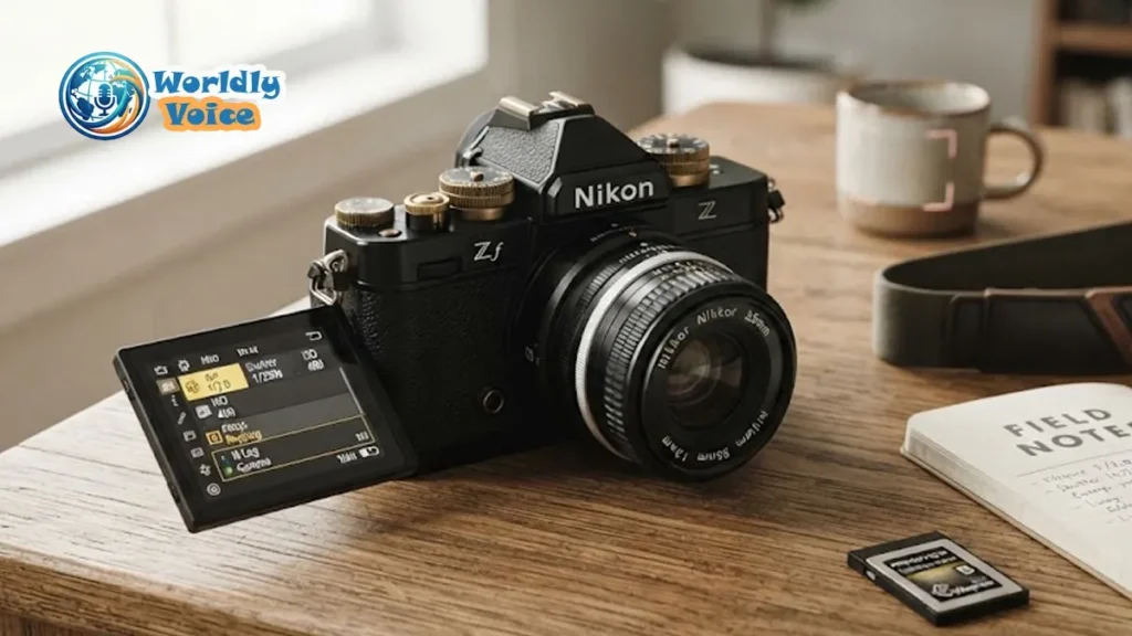 Nikon Zf mirrorless camera with vintage lens on a desk in an editorial featured image