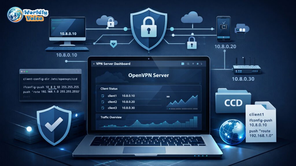 How to Configure OpenVPN Client Config Dir (CCD Guide & Examples) OpenVPN client config dir CCD setup showing a VPN server connected to multiple clients with static IP routes