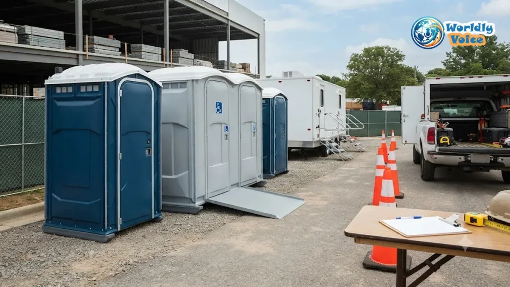 Clean portable toilets and restroom trailer at an outdoor site showing portable toilet rental cost options