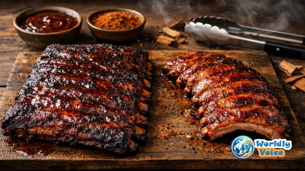 St. Louis vs. Baby Back Ribs: The Ultimate BBQ Comparison Guide Smoked St. Louis ribs and baby back ribs side by side on a wooden BBQ table with sauce, spices, and grilling tools.