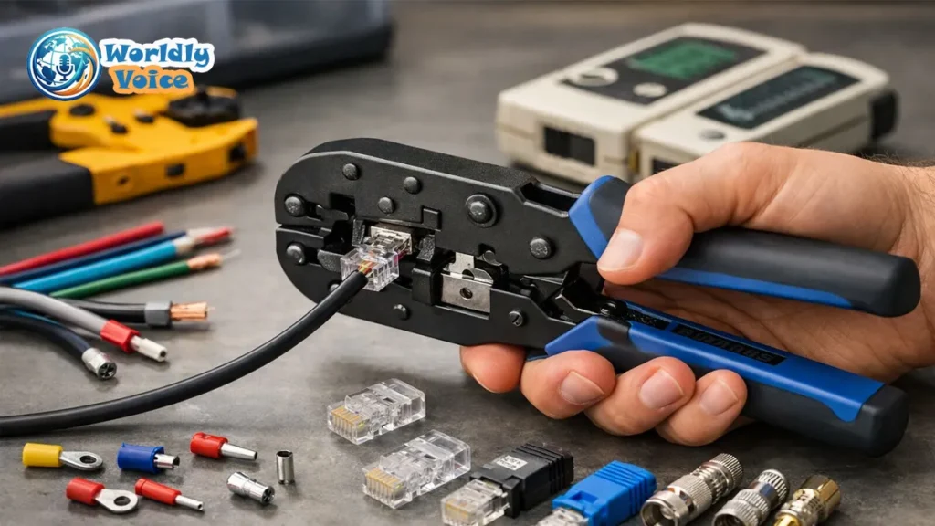 What Is a Crimping Tool? Types, Uses & Complete Beginner’s Guide Crimping tool compressing a wire connector on a workbench with Ethernet plugs, coaxial fittings, and electrical terminals