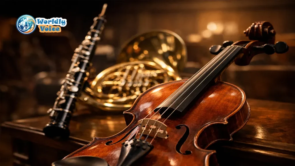 What Is the Hardest Instrument to Play? (2026 Ultimate Guide) Violin, oboe, and French horn arranged in an orchestra hall to represent the hardest instruments to play