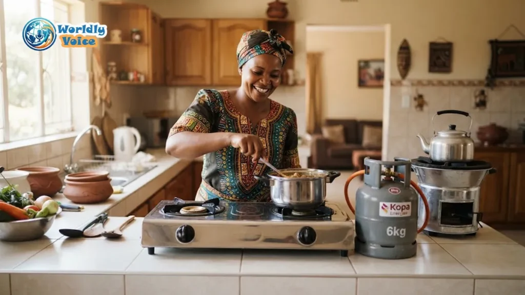 Zambia Government Incentives for LPG and Cookstoves: Complete Guide A Zambian woman smiling while cooking a meal on a modern LPG gas stove in a well-lit kitchen, with a clean gas cylinder and an improved cookstove visible on the counter.