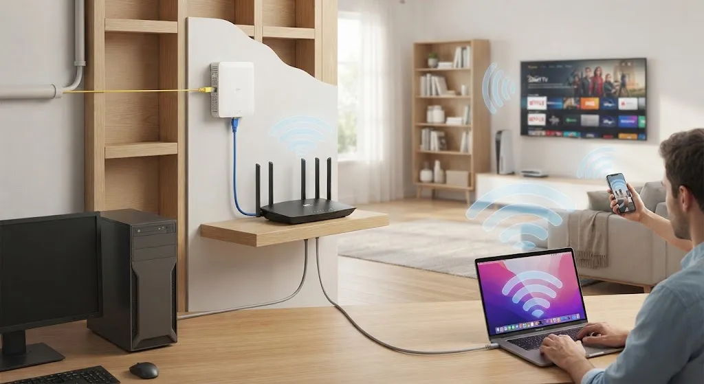 Fiber cable connected to an ONT, which connects by Ethernet to a Wi-Fi router serving home devices