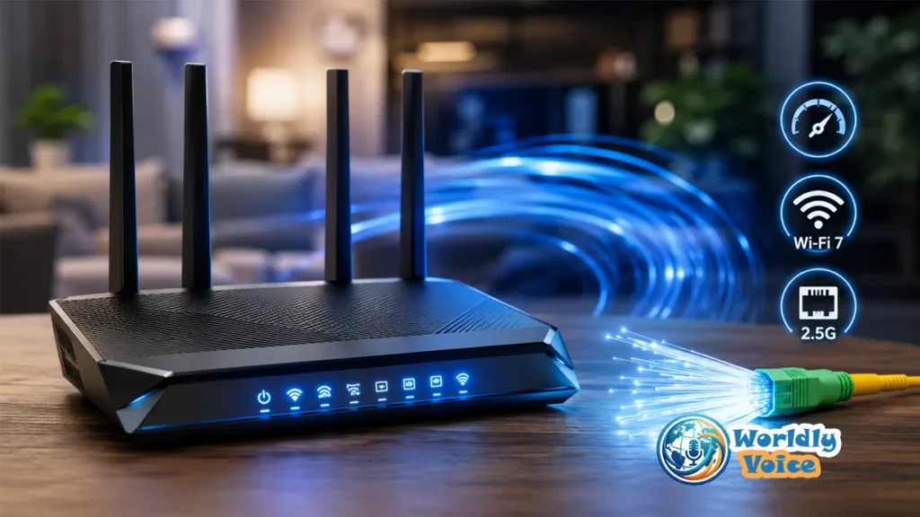 Best Fiber Internet Routers: Ultimate Guide to High-Speed Networking Modern Wi-Fi router connected to a fiber optic cable, representing high-speed fiber internet and home networking.
