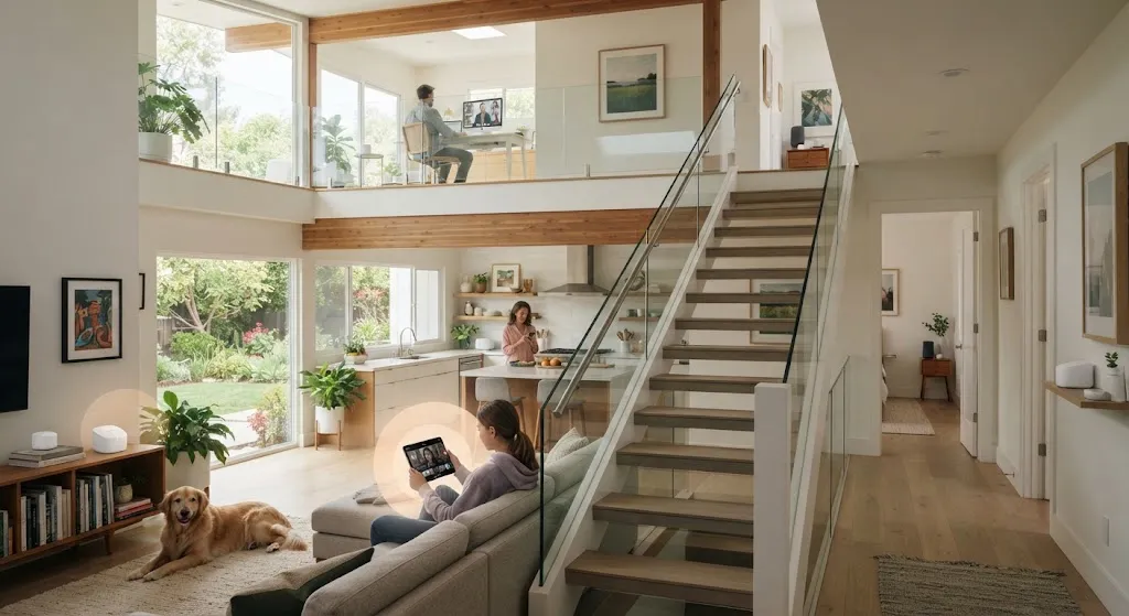 Mesh Wi-Fi nodes placed across a multi-story home to improve wireless coverage