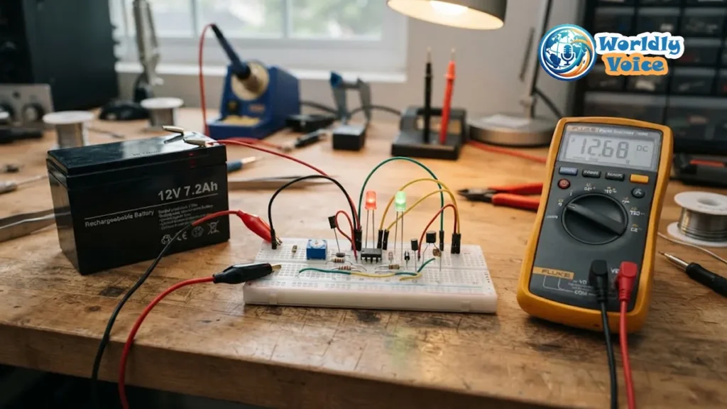 DIY 12V battery charging indicator circuit with LM358, LEDs, multimeter, and 12V battery on a workbench