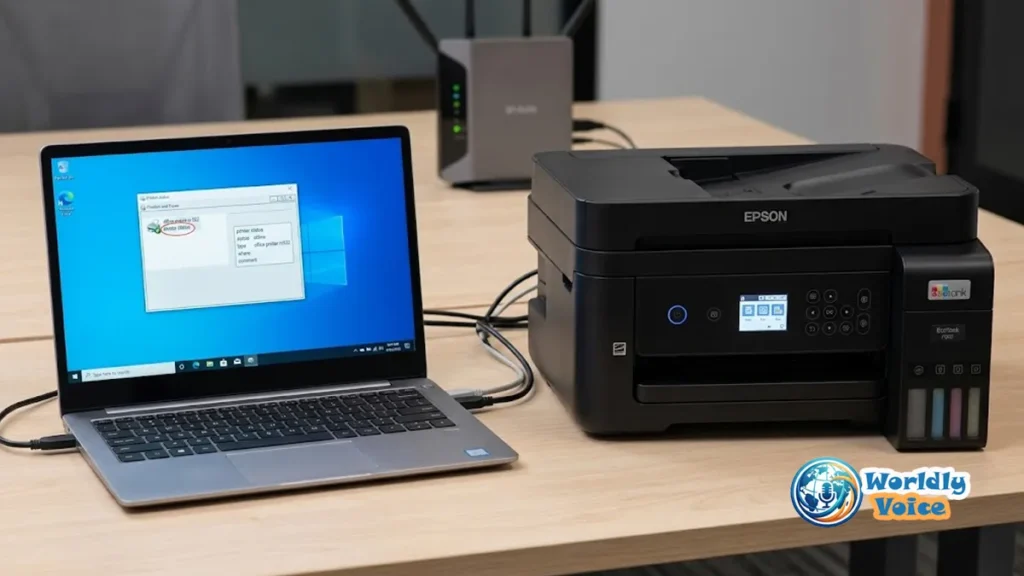 A modern wireless Epson printer next to a laptop displaying an offline error message in a home office setting.