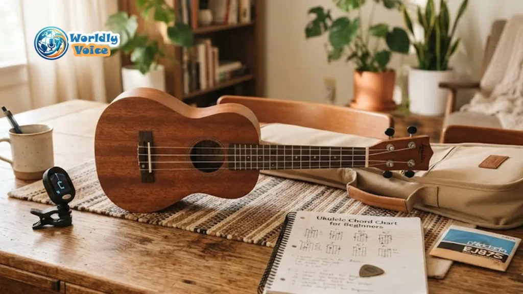 Budget-friendly beginner ukulele with tuner, chord chart, and accessories on a wooden table