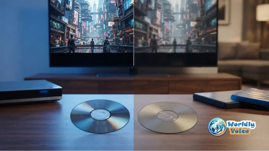 Blu-Ray vs. DVD: Which Format Offers the Best Picture and Sound Quality? Blu-ray and DVD discs compared in a home theater setup with a TV showing HD and standard-definition picture quality differences