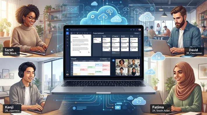 Remote team members collaborating through shared cloud documents, project dashboards, tasks, and video meetings