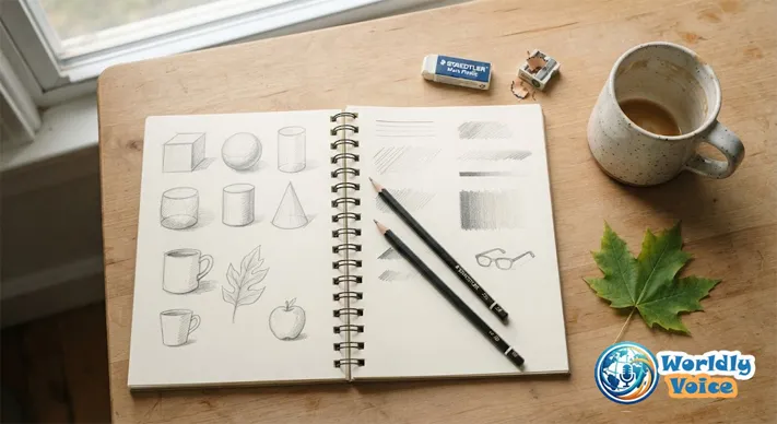 Beginner drawing setup with a sketchbook, pencils, eraser, and simple object sketches