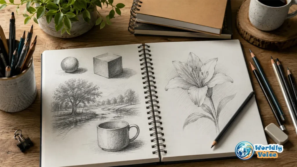 How to Start a Drawing Hobby: A Beginner’s Creative Guide Beginner drawing hobby setup with a sketchbook, pencils, and pencil sketches