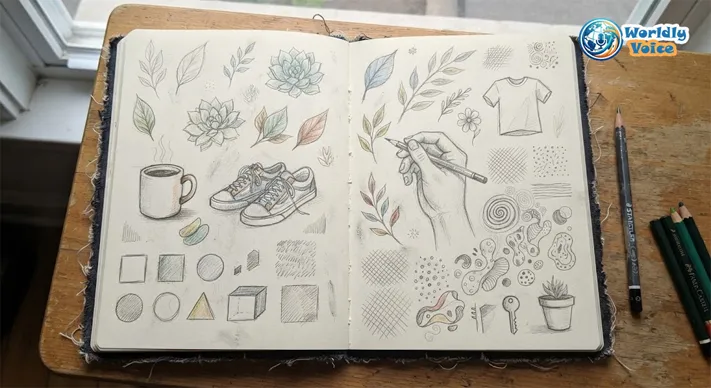 Beginner sketchbook page with objects, leaves, hand studies, patterns, and texture exercises