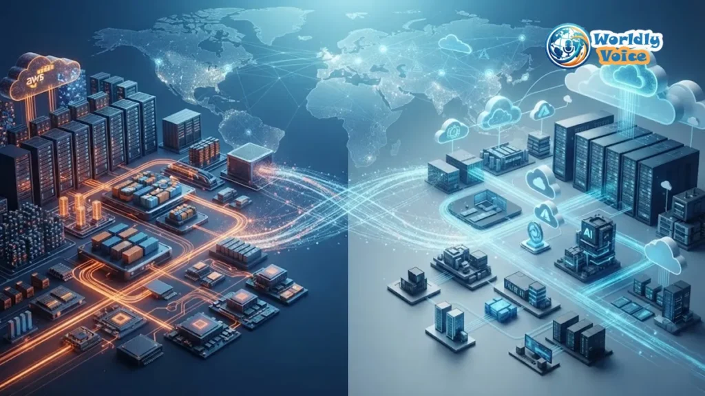 AWS and Azure cloud infrastructure comparison showing connected global cloud networks and AI infrastructure