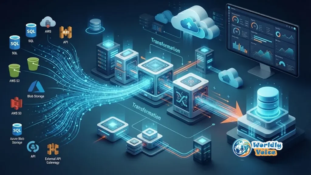 ETL process optimization workflow showing faster data pipelines, transformation, loading, and scalable cloud data processing