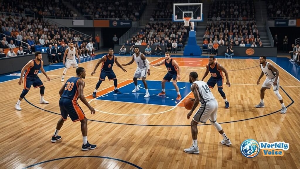 10 players on a basketball court during a standard 5-on-5 game