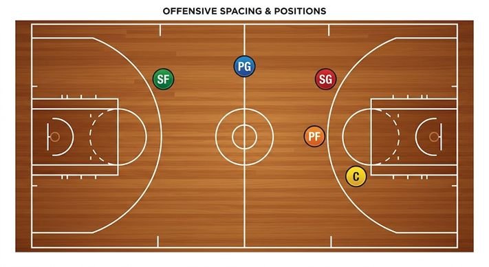 Five traditional basketball positions shown on a court