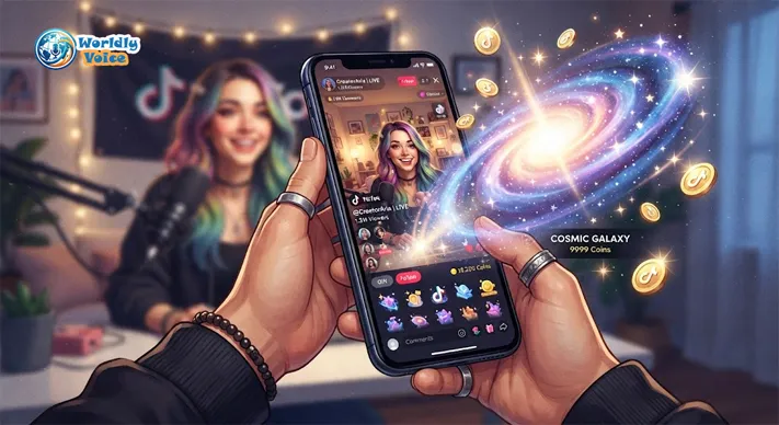 Smartphone displaying a TikTok LIVE-style screen with a glowing Galaxy virtual gift and digital coins (how much is a galaxy on tiktok)