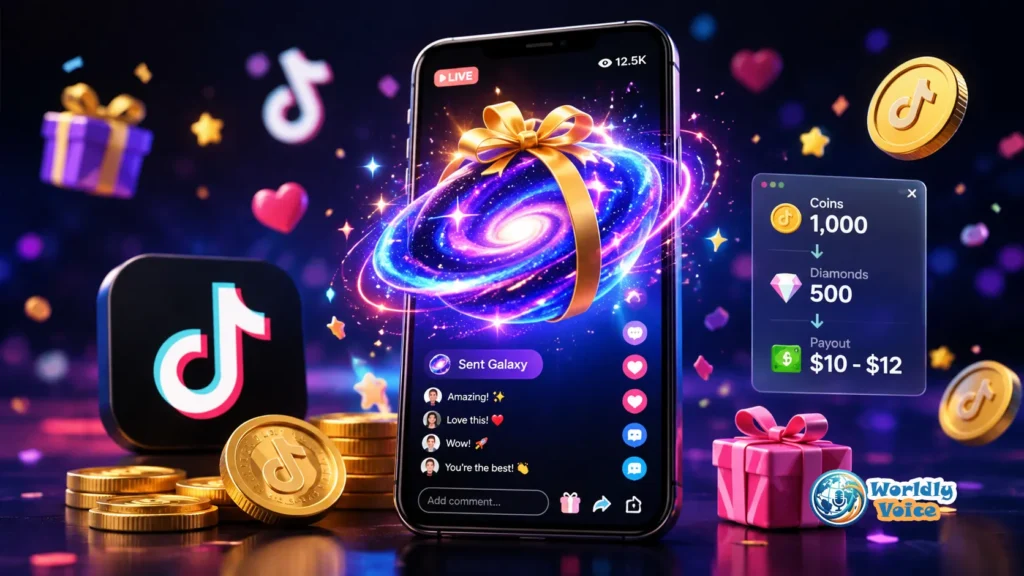 TikTok LIVE Galaxy gift illustration showing virtual coins, a Galaxy gift, and creator payout concept