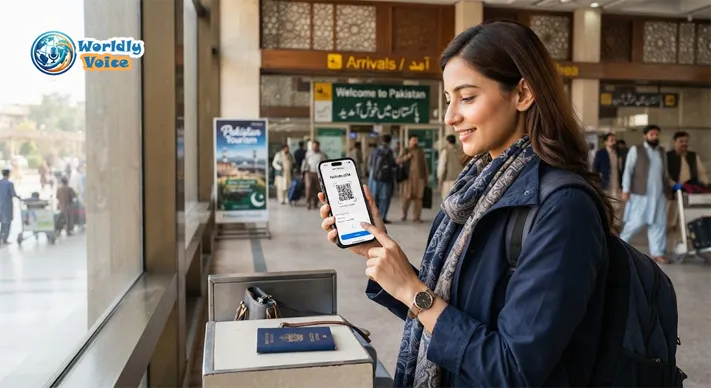 Traveler activating a Pakistani eSIM on a smartphone after arriving in Pakistan