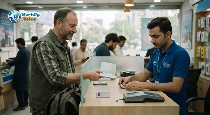 Foreign traveler presenting a passport while registering for a Pakistani mobile SIM