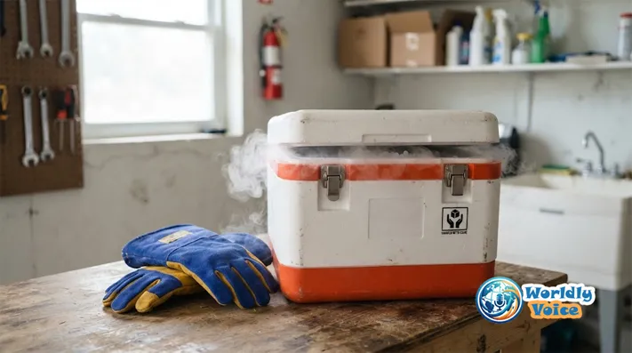 Insulated cooler used for temporary dry ice storage with protective gloves nearby
